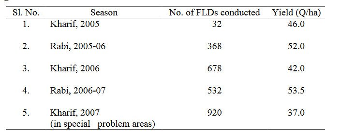 Table showing average yield of QPM maize under Front Line Demonstrations in West Bengal