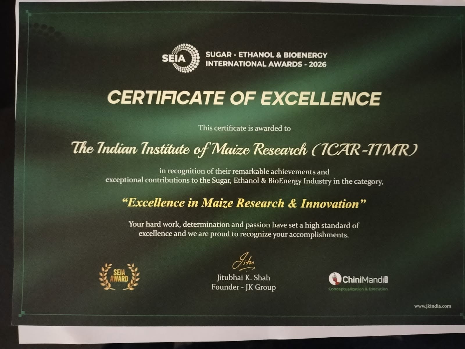ICAR-IIMR Honoured with Certificate of Excellence in Maize Research & Innovation at SEIA 2026